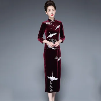 Кадифена рокля Cheongsam 2019 Нова есен зима дълъг ръкав Qipao кран секси ориенталска рокля дълги елегантни китайски рокли FF2232