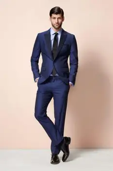 2018 Костюм Мама Шафери Смокинги Най-добър мъж Костюми Мъжки костюми Мода Мъжки сини официални костюми Сватбен бал (яке + панталони + вратовръзка)