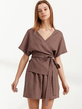Linad Кафява пижама за жени 2 части комплекти памук V врата къс ръкав спално облекло женски ежедневни домашни костюми с къси панталони пролет 2024