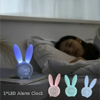 карикатура LED цифров будилник електронен LED дисплей звуков контрол заек нощна лампа бюро акумулаторен часовник