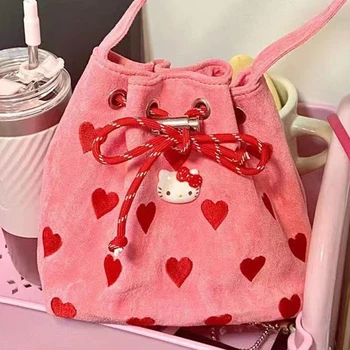 Hello Kitty Sanrio чанта Kawaii карикатура бродерия любов сърце шнур момичешки рамо кръстосано тяло мини кофа чанта подарък нов