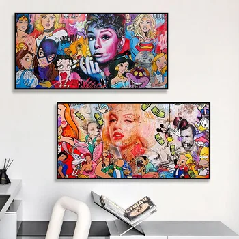 Disney графити поп стая декор Хепбърн Монро плакат и отпечатъци платно живопис мода жени стена изкуство картини за декор стая