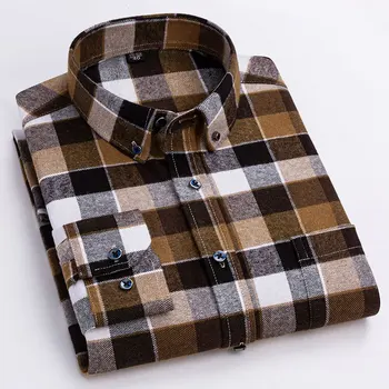 Нов чист памук мъже фланела дълъг ръкав ризи редовни годни високо качество меки бутон надолу яка социални случайни карирана риза мъж
