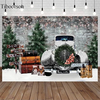 Коледен фон Коледа дърво кола тухла стена снежно поле ретро куфар дете фотография фон фото студио фотофон декор