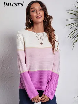 Зимен цветен контрастен раиран пуловер за жени 2023 Ежедневна мода Една дума яка хлабав тънък плета топ дама дълъг ръкав пуловер