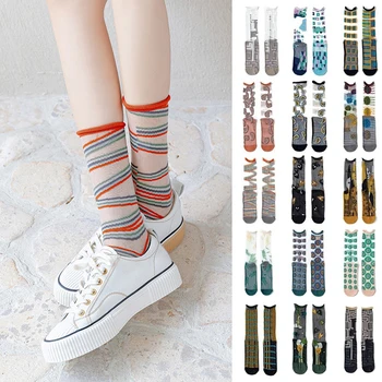 Жените смешно тънък памук прозрачен коприна корейски стил високи дълги чорапи японски с печат Harajuku пухкави къси глезена чорапи