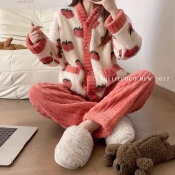 Гореща продажба Дамска сладка сгъстена топла пижама Женски есенен зимен пижамен комплект Ежедневно домашно облекло 2023