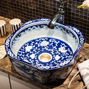 Ръчно изработена синя и бяла порцеланова керамична баня плот мивка за баня