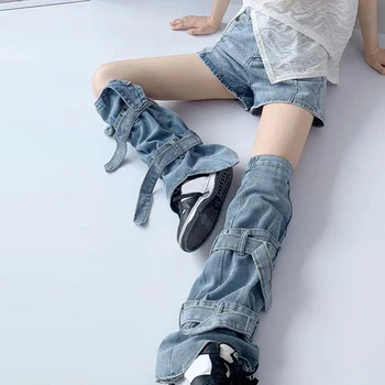 Дамски дънкови подгряващи крака пънк стил подгряване на крака джобни дълги чорапи ежедневни маншети за обувки улично облекло