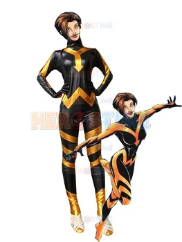 Wasp супергерой костюм Черно & Gold металик Хелоуин косплей Боди за възрастни Женски зентай костюм