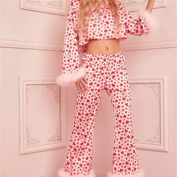 Hirigin Дамски уютни пижами перо подстригване пижама комплект дълъг ръкав бутон Топ панталони сърца печат Свети Валентин 2 парче Loungewear
