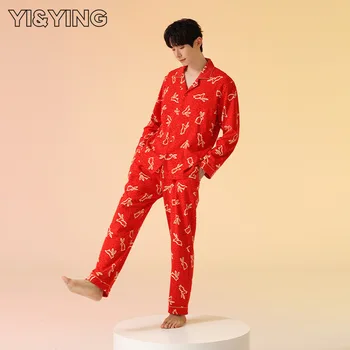 [YI&YING] Червено празнично мъжко домашно облекло за годината на раждане, сватба и сватба, червен комплект чиста памучна пижама WAZC214