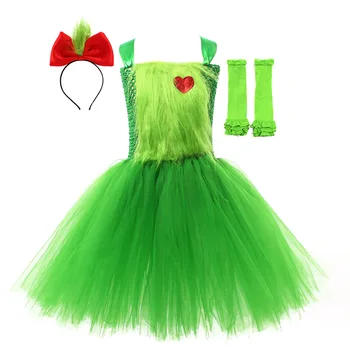 Green космати чудовище костюми за момичета Коледа Гринч Туту рокля Детски новогодишен рожден ден рокля деца фантазия дрехи комплект
