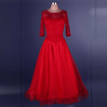 Секси дантелена бална танцова рокля за жена къси ръкави валс танго танцови рокли стандартна бална рокля червено лилаво