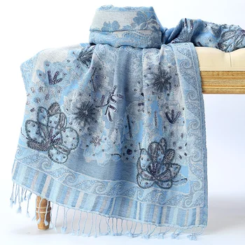 корейски стил 100% мериносова вълна шал жени зима Индия ръчно изработени мъниста бродерия флорални топъл шал небе синьо