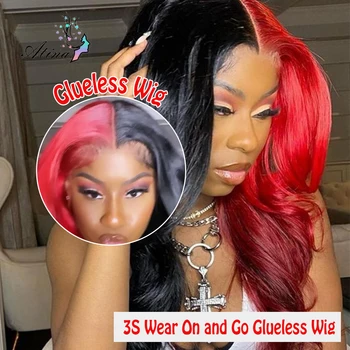 Glueless 5x5 HD Закриване перука Човешка коса Носете и отидете в червено Прозрачен дантела Фронтални перуки Тяло Wave Front Wig Pre Plucked