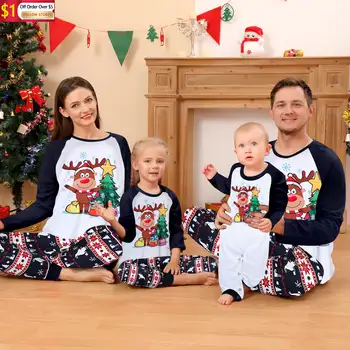 Семеен родител-дете комплект Коледа пижама съвпадение комплект Коледа празник конфитюр карирана Elk Коледа пижама домашно облекло комплект