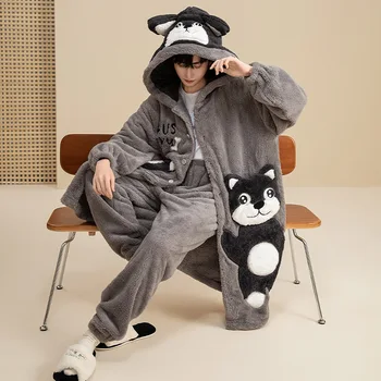 Зимни мъжки пижама комплекти 2PCS възрастни корейски качулати спално облекло пижами мъжки Loungewear Cool Cartoon Сгъсти мека топла роба + панталони