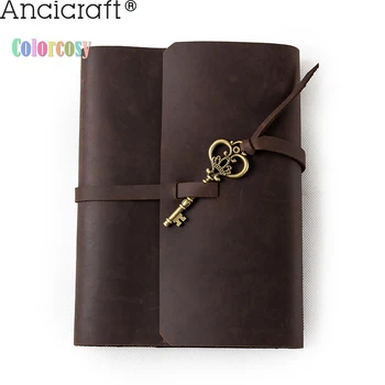 Ancicraft Уникален дневник от естествена кожа с винтидж ключ ръчно изработена занаятчийска хартия A5 с подаръчна кутия, офис и училищни пособия