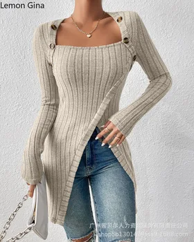 Lemon Джина жените мода плета оребрени бутон U-образно деколте дълъг ръкав висока страна сплит прав пуловер тениски
