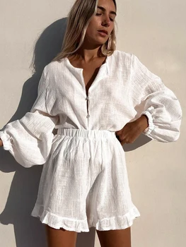 Linad фенер ръкав пижама за жени 2 броя комплекти бяло O врата спално облекло женски ежедневни костюми с къси панталони Ruffle пролет 2023