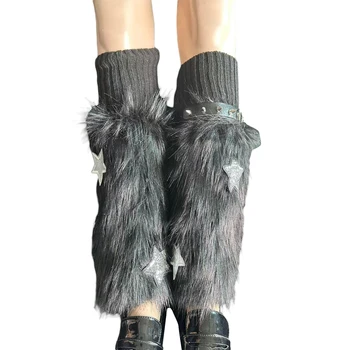Нови дамски чорапи под коляното модни звезди шарени ръкави за крака плюшени чорапи за обувки 2024 зимни плюшени космати подгряващи крака