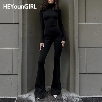 HEYounGIRL Минималистичен черен обувка нарязани гащеризон високо улично облекло монтирани дълъг ръкав невидим цип основни случайни ританки есен