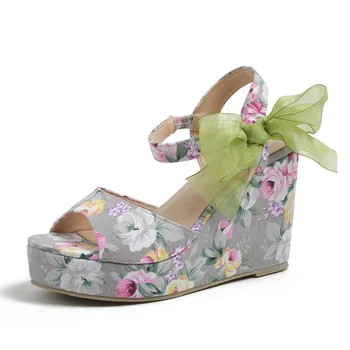 2023 Лято жени нова мода обувки цвете зелен лък клин токчета високи токчета риба уста сандали женски