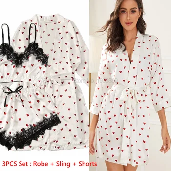 Сатен 3PCS сън комплект дама печат любов пижами кимоно роба рокля костюм с прашка & шорти лятна дантела нощно облекло голям размер 4XL бельо