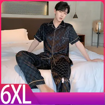 Пижама за мъж къса карирана коприна комплект плюс размер 6XL пижами летен салон комплект мъжки спално облекло пижама с дълъг мек панталон