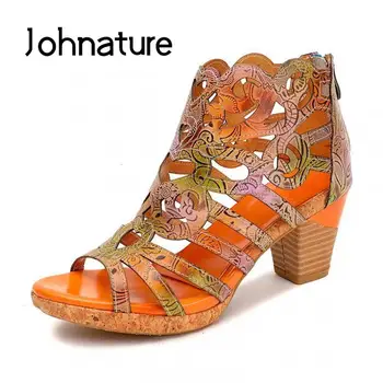 Johnature Дамски сандали Нови летни обувки от естествена кожа Ръчно рисувани ретро шиене Zip Ежедневни ръчно изработени дамски сандали