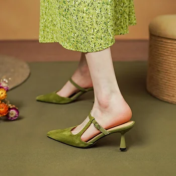 Дамски обувки Затворени пръсти Ретро сандали Истинска кожа Елегантни дамски летни обувки на петата 7 CMNew пролет Atumn Mules френски стил